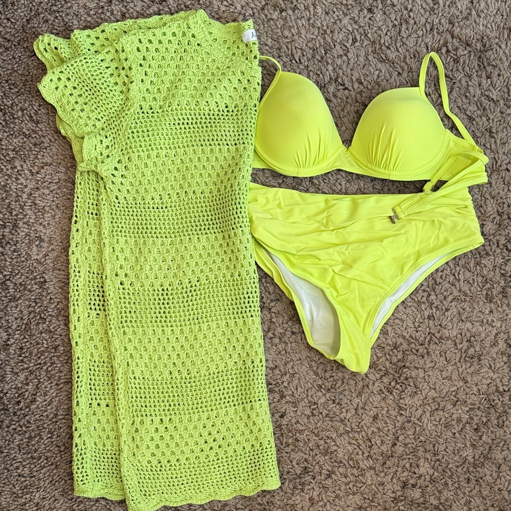 Vibrant Neon L Green/Yellow Bikini Set with Crochet Cover-Up